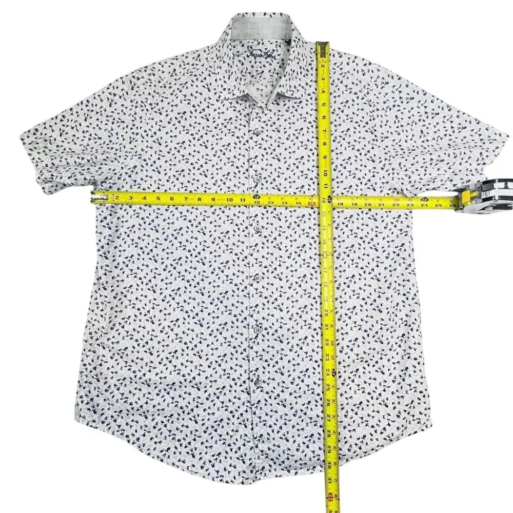 Tasso Elba Mens Shirt L White Blue Micro Paisley Short Sleeve Button Up Cotton